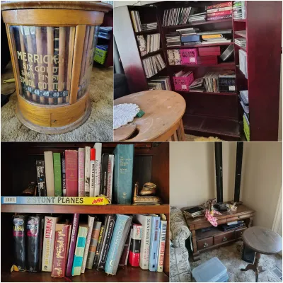 Four-panel collage featuring a vintage Merrick's spool cotton cabinet, a media shelf filled with CDs, a bookshelf with various...