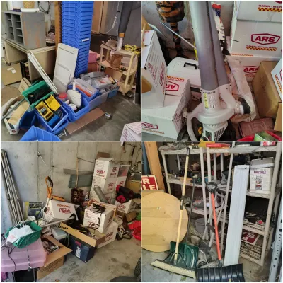 Four-panel view of a garage or basement filled with various items for sale, including storage bins, yard tools, shelving units, and...