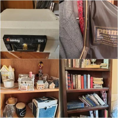 Four-panel collage showing a Sentry 1150 fire-safe box, a men's suit jacket with a Denver's Finest garment bag, a shelf of...