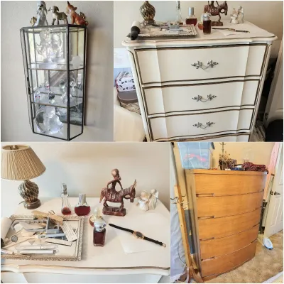 Four-panel collage featuring a French Provincial style white and gold dresser, a mid-century modern tallboy dresser, a wall-mounted glass...