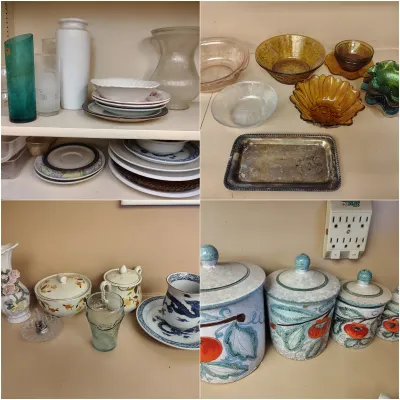 Assortment of vintage glassware, ceramic canisters, and tableware, including amber depression glass bowls, a tarnished silver-plated...