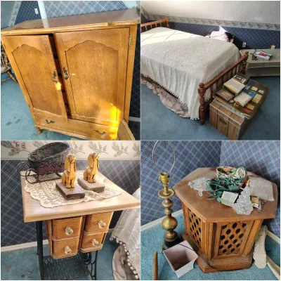 Four-panel collage showing bedroom furniture, including a wooden armoire, a twin bed with spindle headboard, a vintage sewing machine...