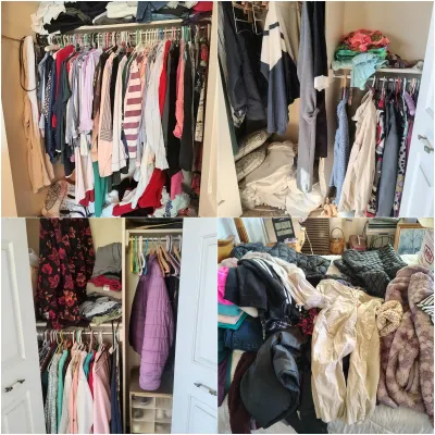 Four-panel view of closets and a bed filled with a large assortment of men's and women's clothing, including jackets, shirts,...