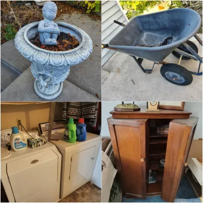 Four-panel collage featuring a concrete garden urn with a cherub statue, a heavy-duty two-wheeled wheelbarrow, a vintage washer and dryer...