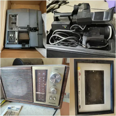 Four-panel collage featuring vintage electronics, including a Panasonic AM/FM tabletop radio, a Sony Trinicon video camera in its hard...