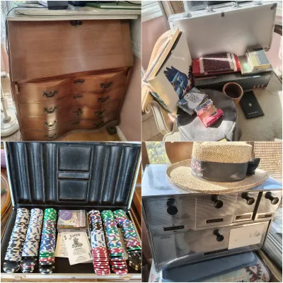 Four-panel collage featuring a vintage serpentine-front slant-top desk, a poker chip set in an aluminum case, playing cards with a silver...