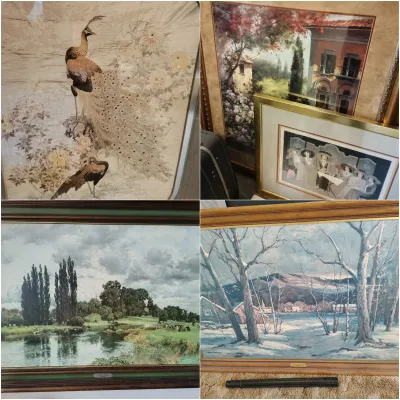 Collection of framed art prints, including a peacock illustration, a European courtyard scene, a landscape with a river, and a winter...