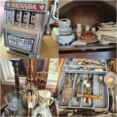 Four-panel image featuring a vintage Nevada Buckaroo Bank toy slot machine, stacks of china plates and cups in a wooden cabinet, a...