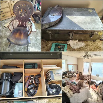 Four-panel collage featuring a carved wooden rocking chair, a vintage military-style footlocker trunk, camera equipment organized in a...