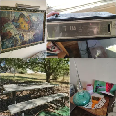 Four-panel collage featuring a framed oil painting of a village scene, a vintage General Electric digital clock radio, an outdoor picnic...