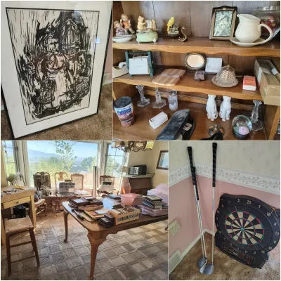 Four-panel collage showing various estate sale items, including a framed black-and-white abstract print, a wooden hutch filled with small...