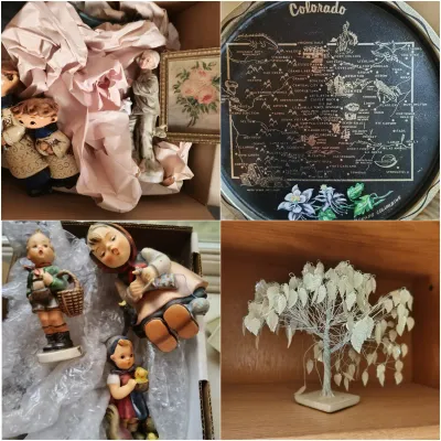 Four-panel image showing vintage collectibles, including Goebel Hummel figurines, a Colorado souvenir plate, and a wire-wrapped tree...