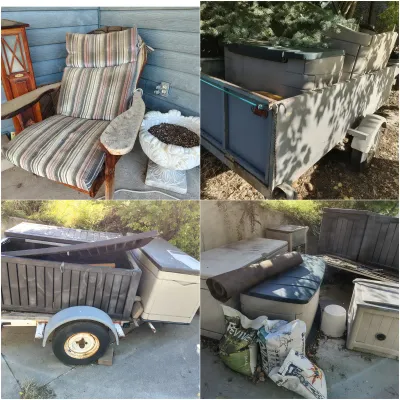 Four-panel view of outdoor items including a wooden armchair with striped cushions, a small utility trailer, and various plastic deck...