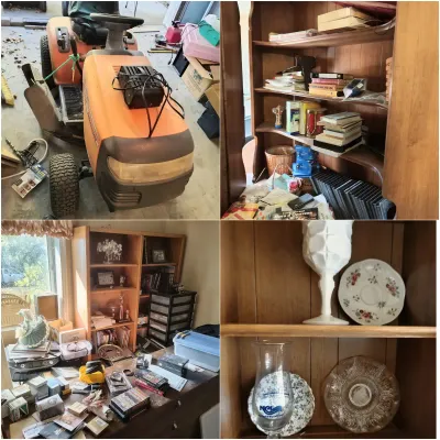 Four-panel collage showing an orange riding lawn mower, a wooden hutch filled with books and media, a cluttered home office with wooden...
