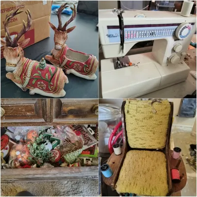 Four-panel collage featuring a pair of ceramic reindeer planters, a White Jeans Machine sewing machine, a drawer filled with holiday...