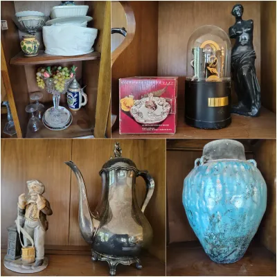 Four-panel collage of vintage collectibles, including glassware, a silver-plated teapot, a porcelain figurine, a blue textured ceramic...