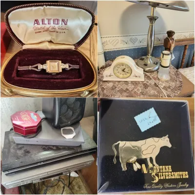 Four-panel collage featuring a vintage Alton ladies' watch in its original velvet-lined case, a bedside table with a small clock and...