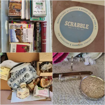 Four-panel compilation showing vintage books in a plastic bin, a vintage Scrabble game box detail, a cardboard box filled with ceramic...