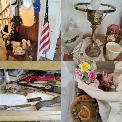 Four-panel collage showing various household items including a wooden hall tree with boots, an ornate brass table lamp, a drawer filled...