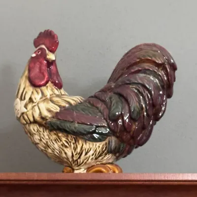 Vintage ceramic rooster figurine in the Home Decor and Collectibles categories, featuring a glossy glaze with rich red, brown, and green...