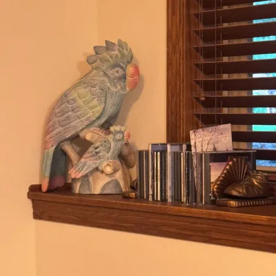Hand-carved and painted wooden parrot sculpture depicting a parent and baby bird, displayed alongside a collection of music CDs held by...