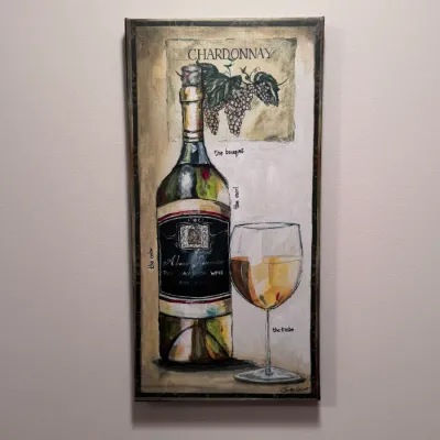 Contemporary wine-themed canvas wall art titled "Chardonnay" by artist J. Vincent, featuring a painted wine bottle, filled...
