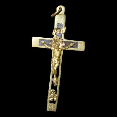 2 1/2" German Nun Pectoral Cross, Circa 1880-1920, Gold-Tone Crucifix with Ebony Wood Inlay and Skull and Crossbones