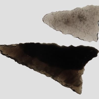 1 5/8" Lot of 2 Triangular Bird Points, Obsidian, Modoc Co., California, Ex. Vernon Leudke Collection