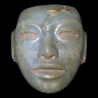 3 5/8" x 4 3/16" Pre-Columbian Mask, Motley & Leithoff COA, Colorful Jadeite, South America, Pictured in Who's Who No....