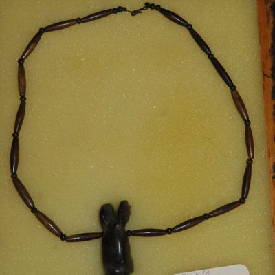 12" x 10" 1850s-1860s Bone and Brass Bead Necklace with Eskimo-Carved and Drilled Serpentine Walrus Pendant