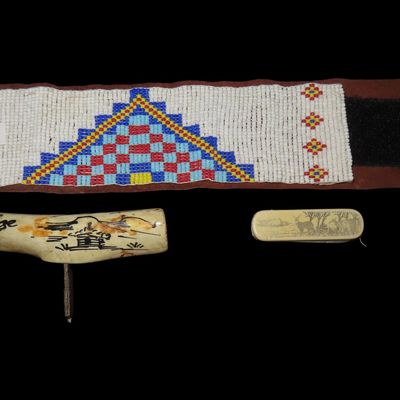 Lot with Native American Beaded Wristband, Scrimshawed Deer-Scene Knife, and German Bone-Handled Corkscrew