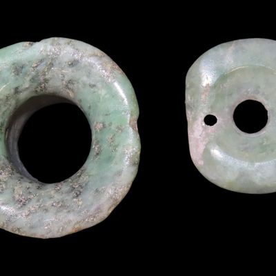 Pre-Columbian Lot with Ornamental Bead and Jade Ear Spool, Ear Spool 1" Wide, Double-Drilled Bead 7/8" Diameter, Central America
