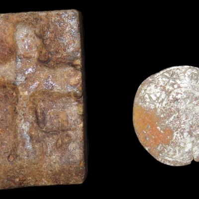 Medieval Crusader-Period Billon Coin with Templar Cross, 12th-14th Century AD, with Passage Tablet, Reportedly Found in a Cache in France...