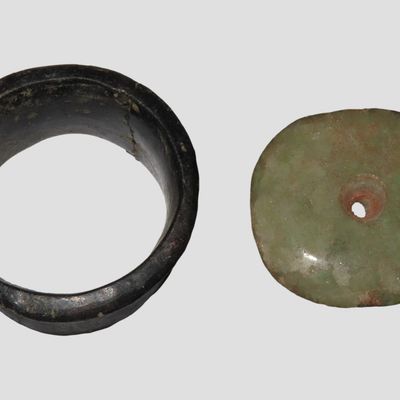 1 1/4" Pre-Columbian Pottery Ear Spool and 1 1/8" Jade Ear Spool, Central America