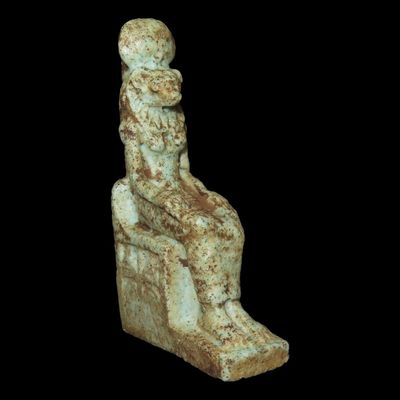 2 3/4" x 5/8" Ancient Egyptian Amulet of Sekhmet, Faience, Late Period to Ptolemaic Period, Circa 664-30 BC, Goddess of War and...