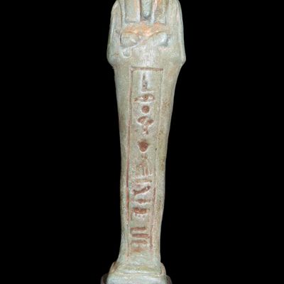 6 3/8" Ancient Egyptian Ushabti on 3/4" Modern Stand / Block, Faience and Quartzite, Late Period, Circa 664-332 BCE, with...