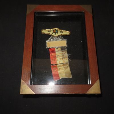 8" x 6" x 2" Wooden Display with Knights of Pythias Ribbon, Syracuse, New York, 1927, Ribbon Ripped in Half