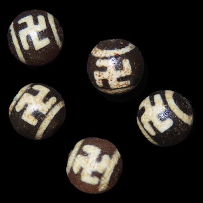 Lot of 5 Himalayan and Tibetan Spiritual Swastika Beads, Left-Facing and Right-Facing, Etched Agate or Chalcedony, Symbolizing Eternity,...