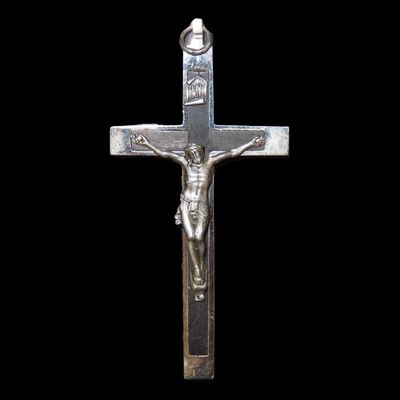 4" German Nun Pectoral Cross, Circa 1880-1920, Silver-Tone Crucifix with Ebony Wood Inlay