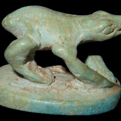 7/8" Ancient Egyptian Figure, Bluish-Green Steatite, with Stamp Seal of Ra or Eye of Horus