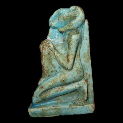 2 1/2" x 3/4" Ancient Egyptian Ram Amulet, Faience, Late Dynastic to Ptolemaic Period, Possibly Representing Khnum or Amun-Ra