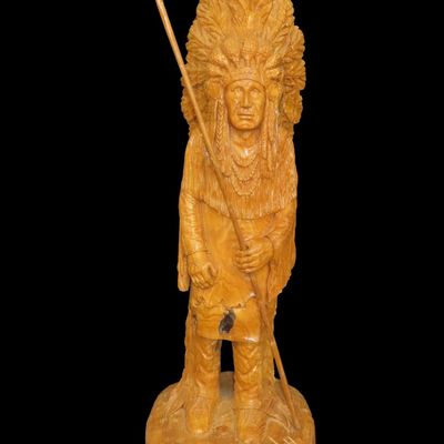 37 3/4" x 12" Hand-Carved Indian Chief with Headdress and Spear, Nice Display Piece