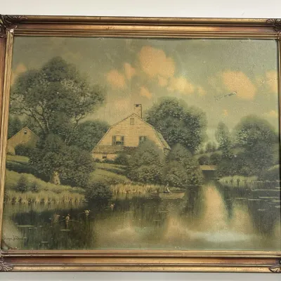 Vintage landscape print by George H. Drew, depicting a rustic house by a river with a figure in a rowboat, housed in an ornate gilt wood...