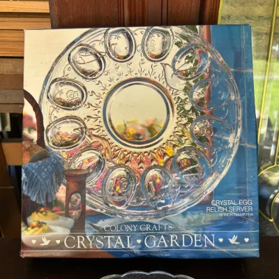 Vintage Colony Crafts Crystal Garden 12-inch crystal egg and relish server, shown in its original packaging.