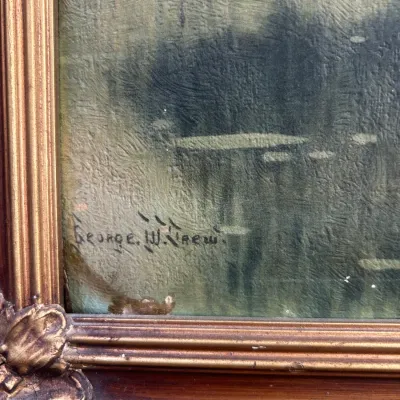 Detail of an oil painting signature reading "George W. Drew" in the lower corner, set in an ornate, gilded gesso frame.