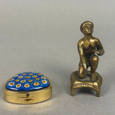 Venetian Glass Millefiori Pill Box & Bronze Youth Figurine