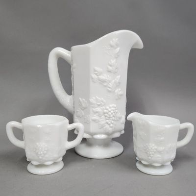 Westmoreland Grape Milk Glass Pitcher Trio