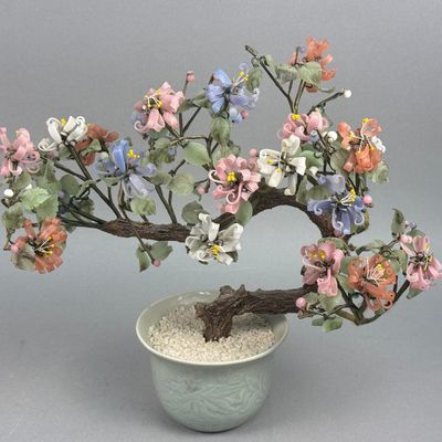 Chinese Hardstone & Glass Bonsai Tree in Celadon Pot