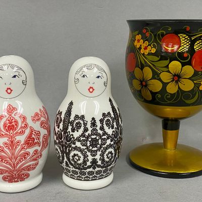 USSR Wood Khokhloma Goblet & Matryoshka Porcelain Shakers