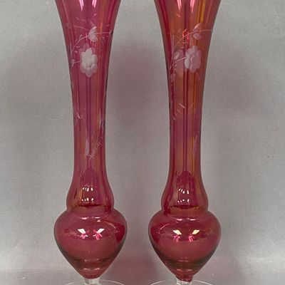Floral Etched Cranberry Glass Bud Vases